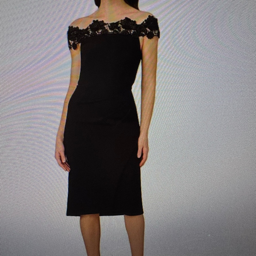 Aidan Mattox Black Off-Shoulder Sheath Midi Dress